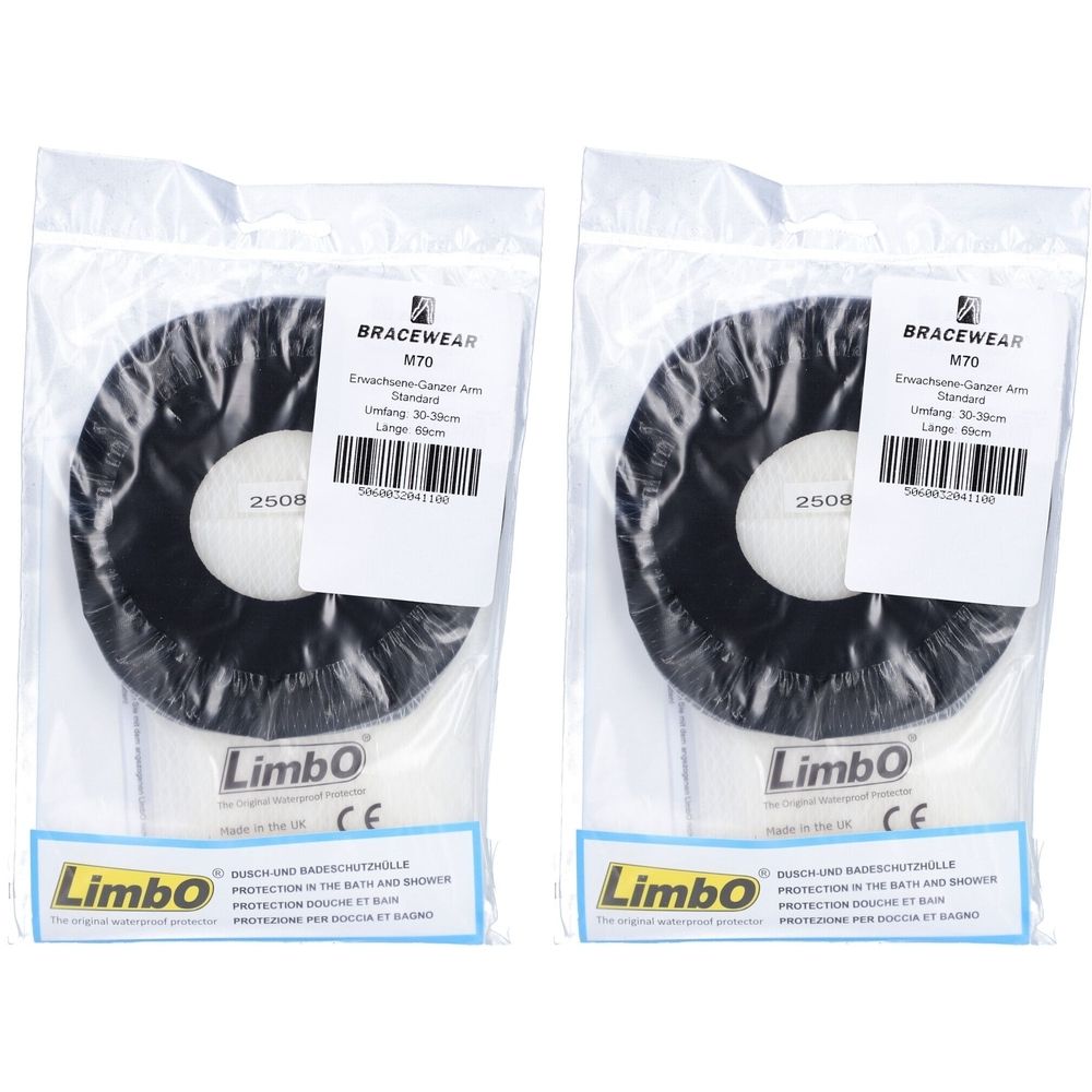 Deux protections de bras LIMBO emballées. Forme ronde noire avec intérieur blanc. Marquage CE.