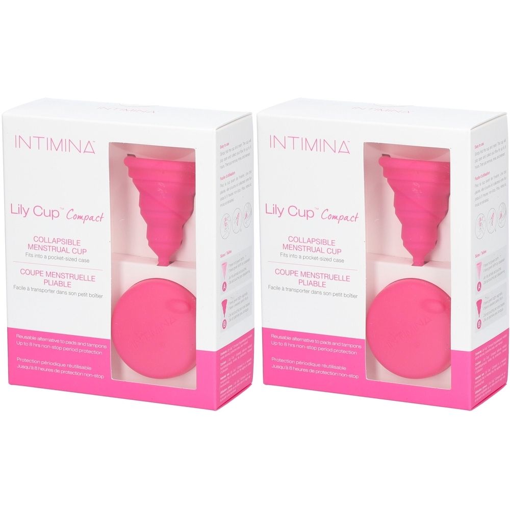 Deux boîtes de coupes menstruelles. Chaque boîte contient une coupe menstruelle rose pliable et un étui de rangement rond.