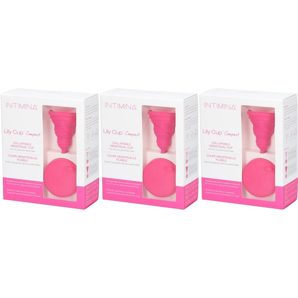 Trois boîtes de INTIMINA Lily Cup Compact. Chaque boîte contient une coupe menstruelle et un étui de rangement rond, rose.
