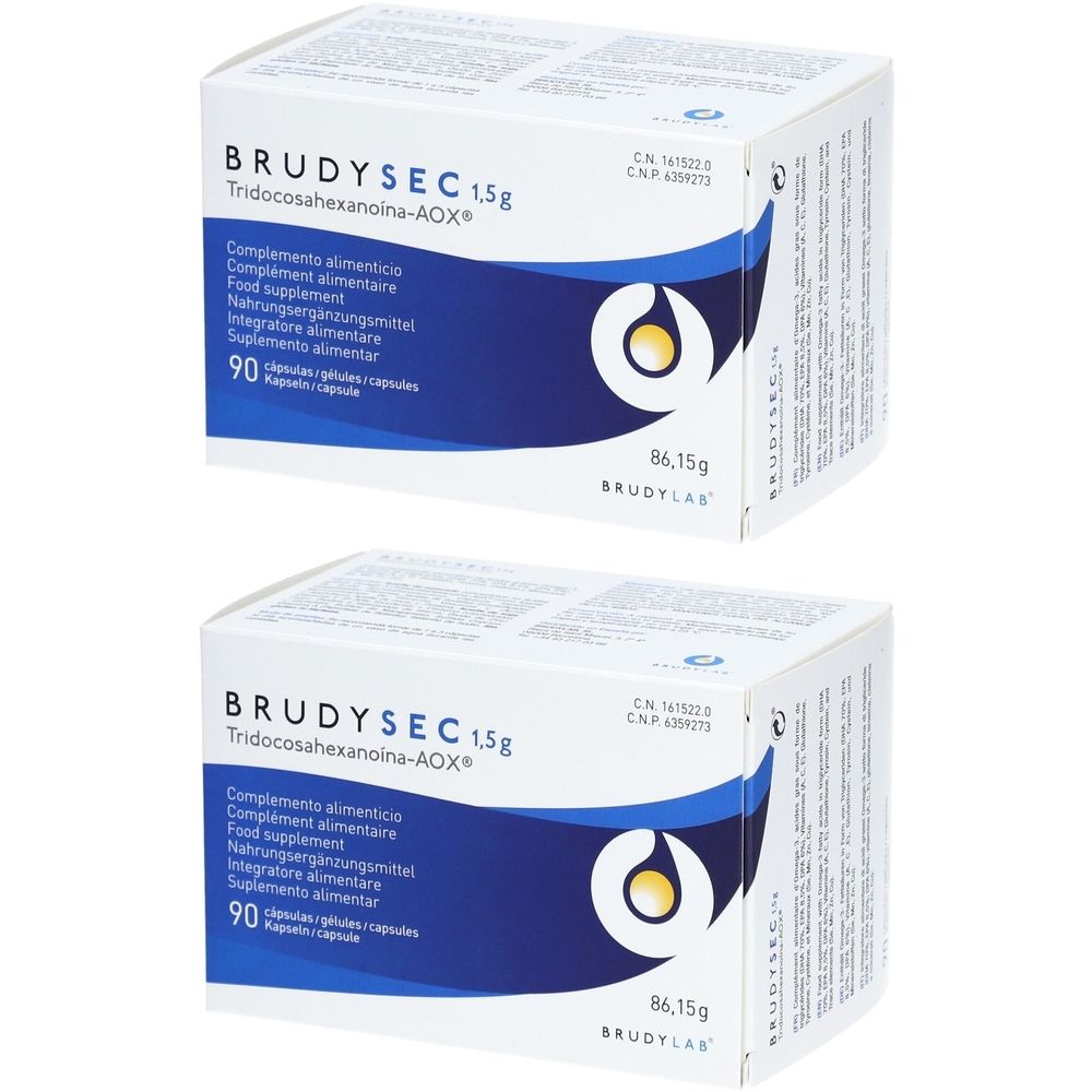 Deux boîtes de BRUDYSEC 1,5 g. Inscription : Complément alimentaire, 90 gélules. Emballage bleu et blanc avec logo.