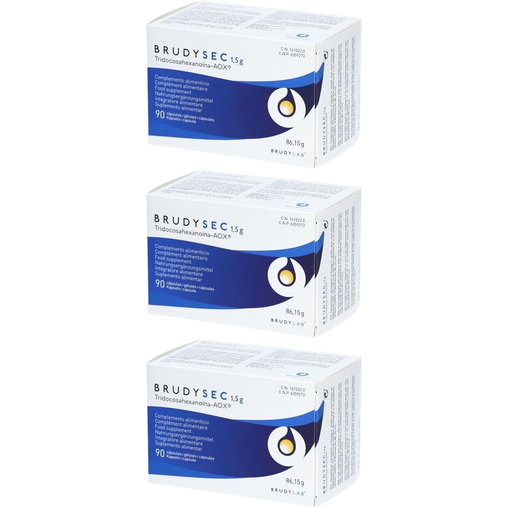 Trois boîtes de BRUDYSEC 1,5 g. Emballage bleu et blanc avec informations et logo. Chaque boîte contient 90 gélules.