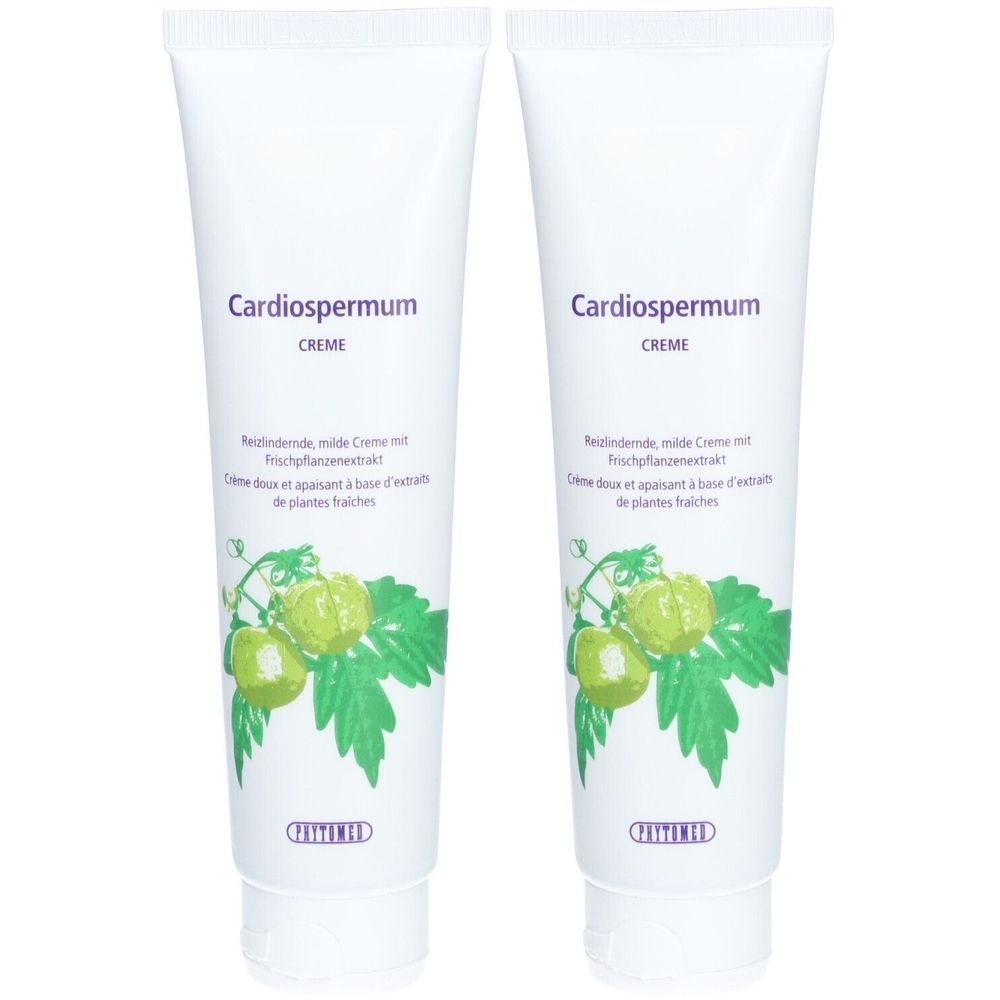 Deux tubes blancs avec l'inscription Cardiospermum Crème. Illustration d'une plante avec des fruits verts et des feuilles. Texte en allemand et français.