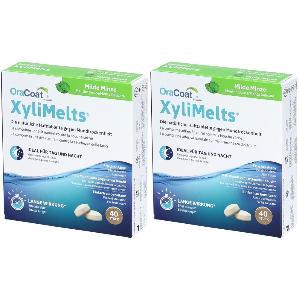 Deux boîtes de OraCoat XyliMelts. Inscription : Menthe douce, contre la sécheresse buccale. Contient 40 comprimés. Idéal jour et nuit.