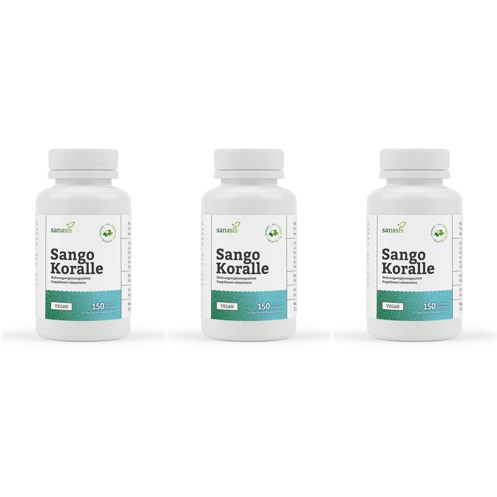 Trois flacons blancs avec bouchons à vis. Chaque flacon porte l'inscription "Sango Koralle" et "150".