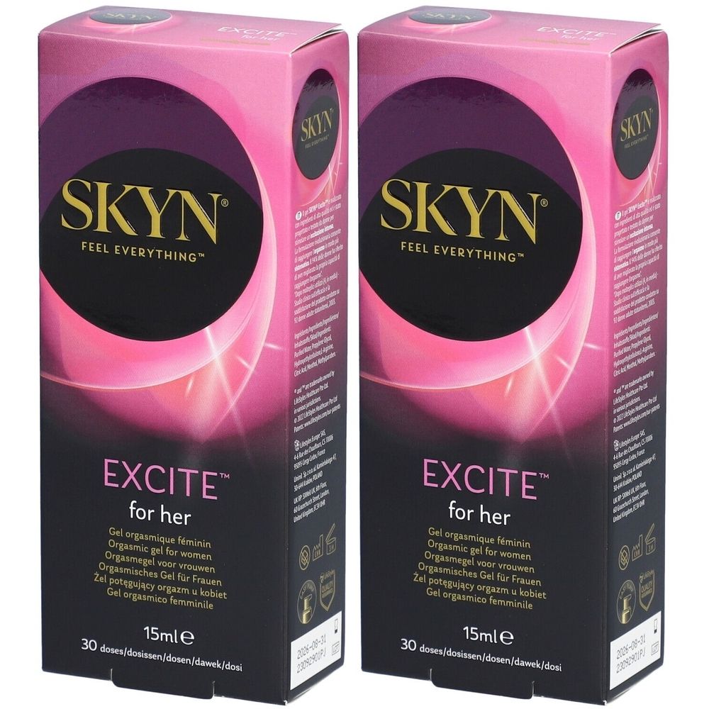 Deux boîtes de gel SKYN EXITE pour femmes. Design rose et noir, nom du produit et indication de volume 15ml. Inscription : FEEL EVERYTHING.