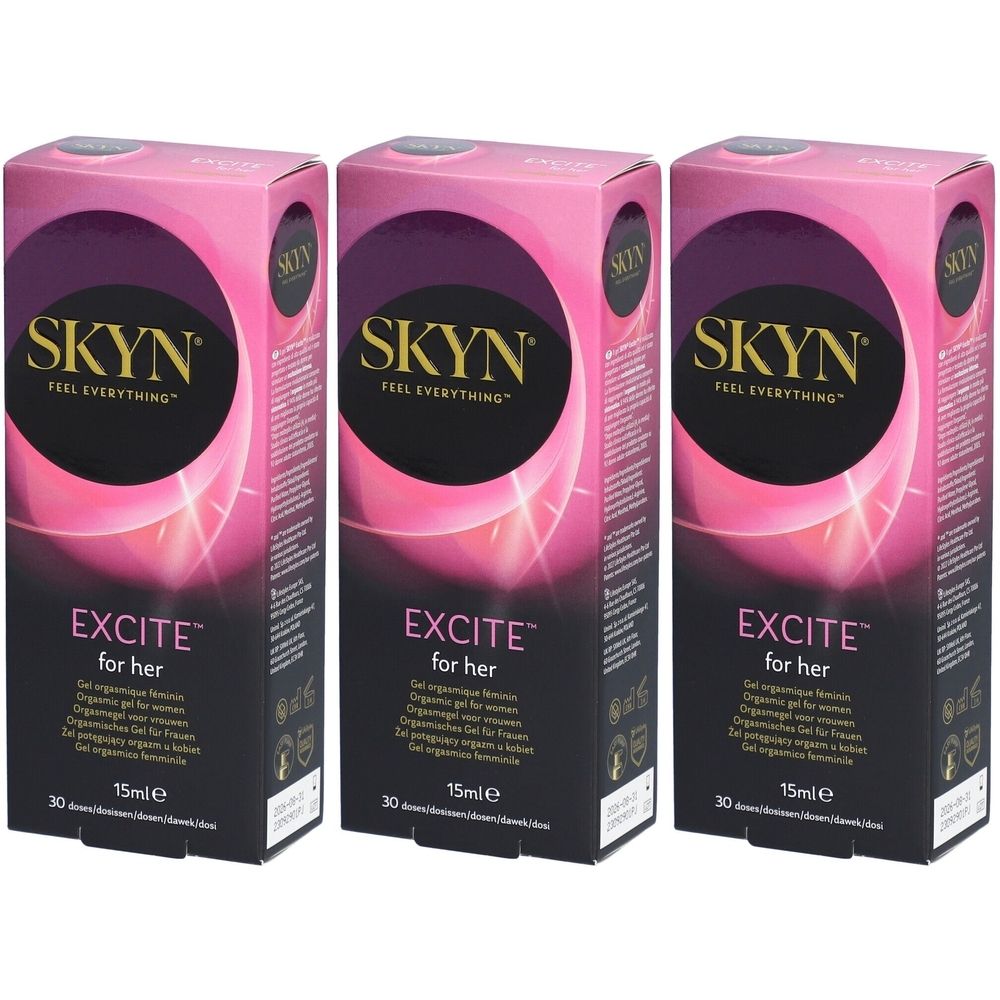 Trois boîtes de gel SKYN EXCITETM pour femmes. Emballage rose et noir avec nom du produit et indication de volume.