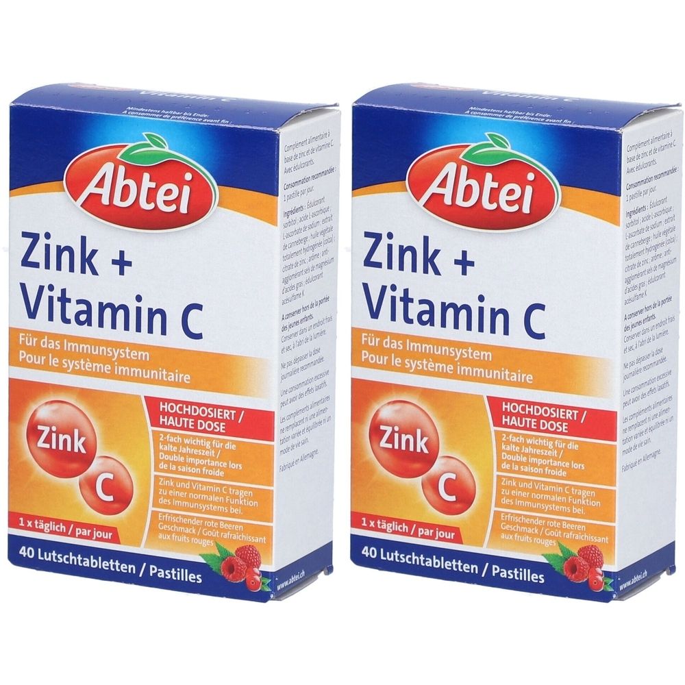 Deux boîtes de pastilles ABTEI Zink + Vitamine C. Inscription : Zink + Vitamine C, 40 pastilles. Graphique orange.