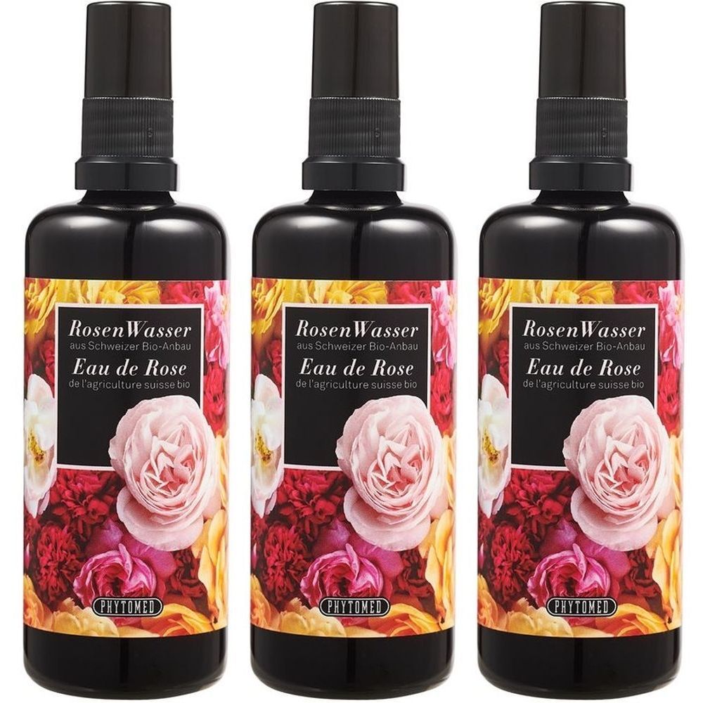 Trois flacons avec vaporisateur noir. Inscription: RosenWasser, Eau de Rose. Logo: Phytomed. Étiquette avec roses.