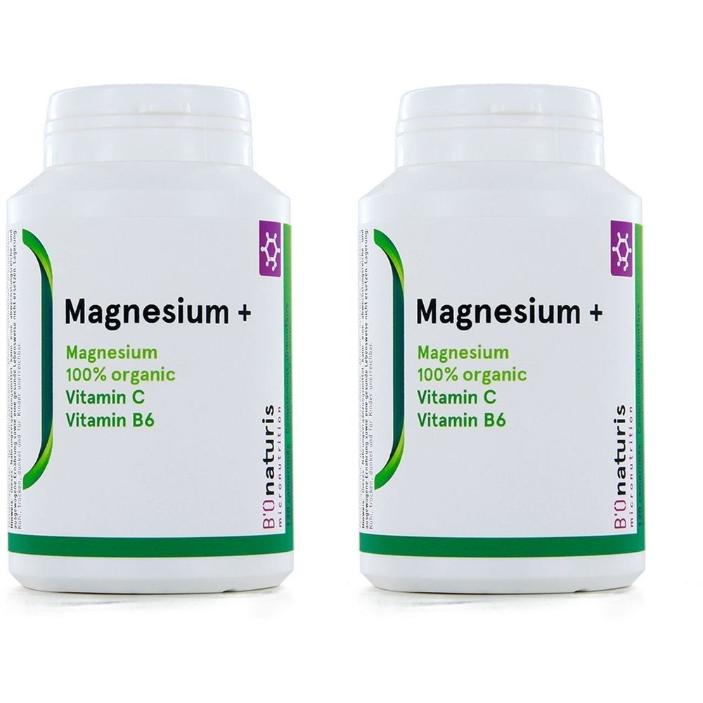 Deux flacons blancs de complément alimentaire au magnésium. Inscription : Magnesium+, Magnesium, 100% organic, Vitamine C, Vitamine B6. Marque : B'Onaturis.