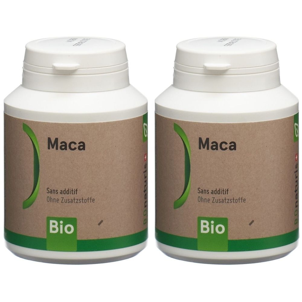 Deux flacons blancs avec étiquettes marron. Inscription : Maca, Sans additif, Bio. Éléments de logo verts.