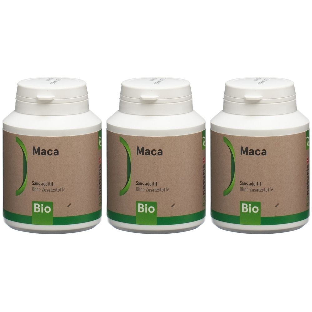 Trois flacons blancs avec couvercles. Inscriptions "Maca", "Sans additif", "Bio".