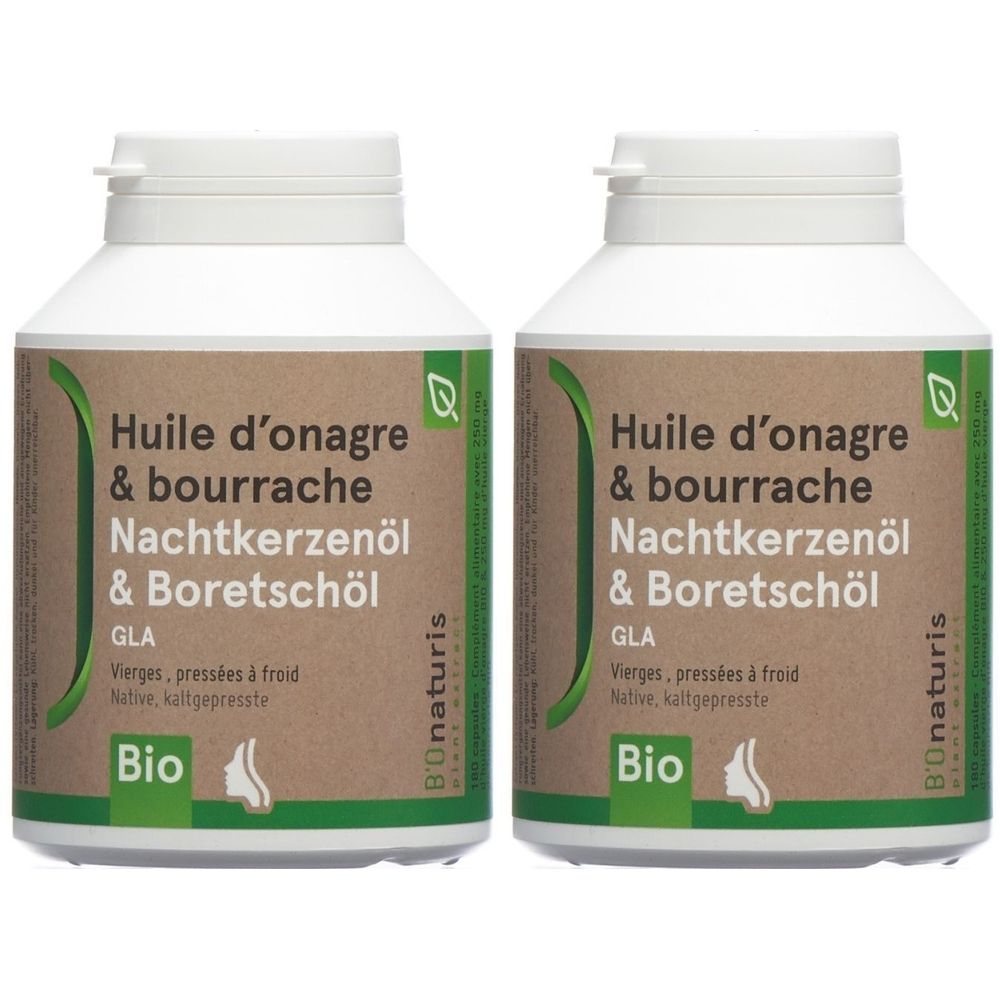 Deux flacons blancs avec étiquettes. Inscription : Huile d'onagre & bourrache, Nachtkerzenöl & Boretschöl, GLA, Bio. Marque : Bonaturis.