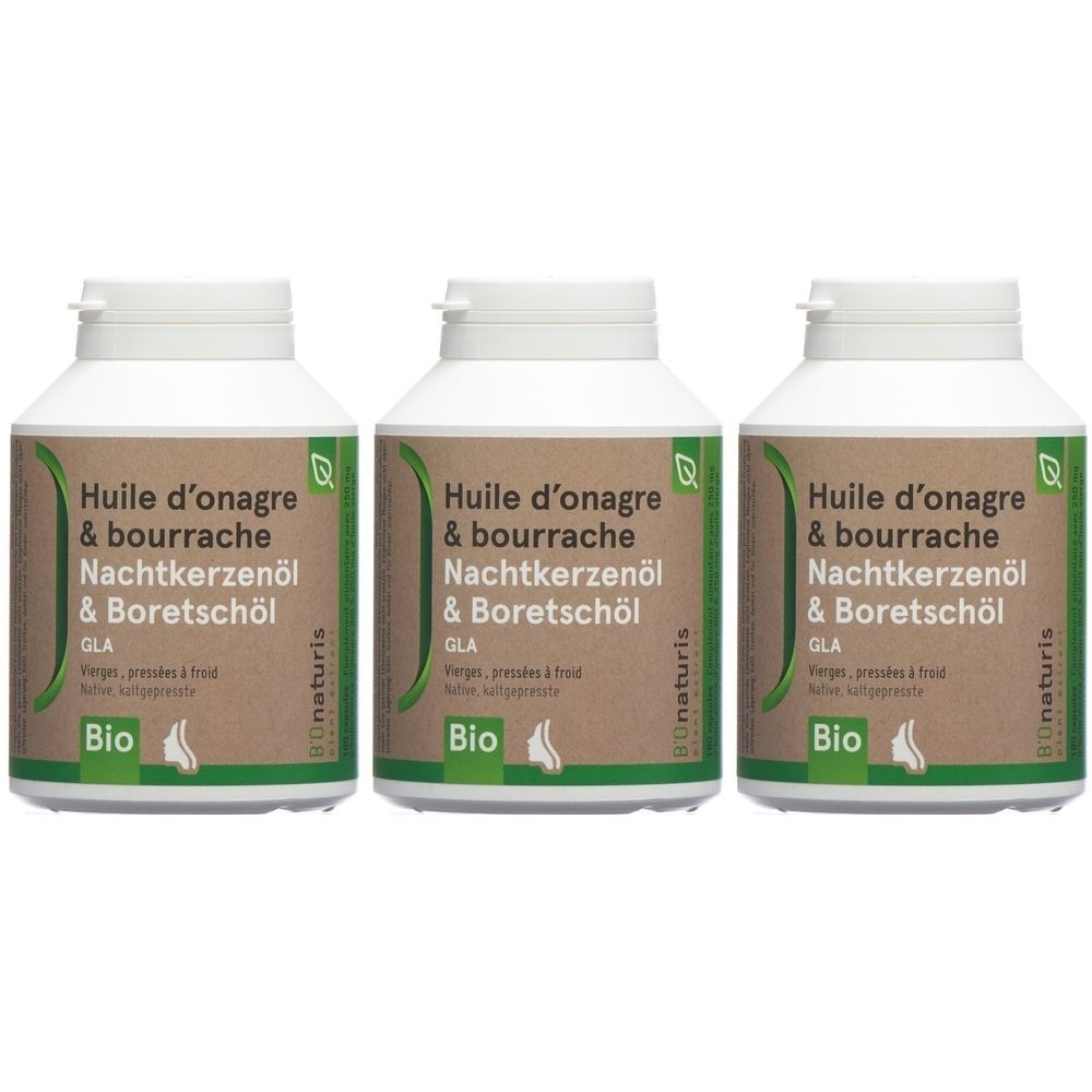 Trois flacons blancs avec bouchons à vis. Les étiquettes indiquent "Huile d'onagre & bourrache Nachtkerzenöl & Boretschöl" et "Bio".