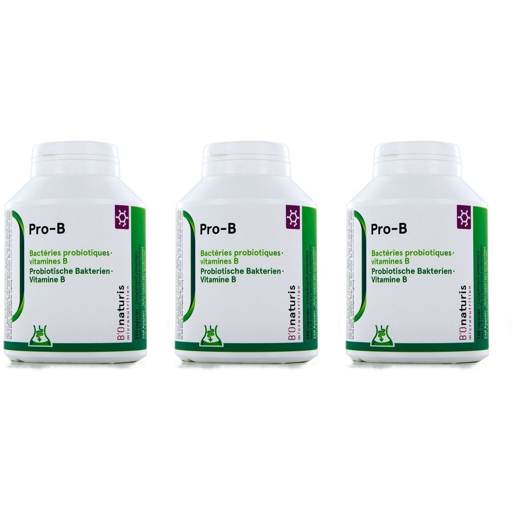 Trois flacons blancs avec des étiquettes vertes. Les étiquettes indiquent "Pro-B", "Bactéries probiotiques", "Vitamine B" et "Bionaturis".
