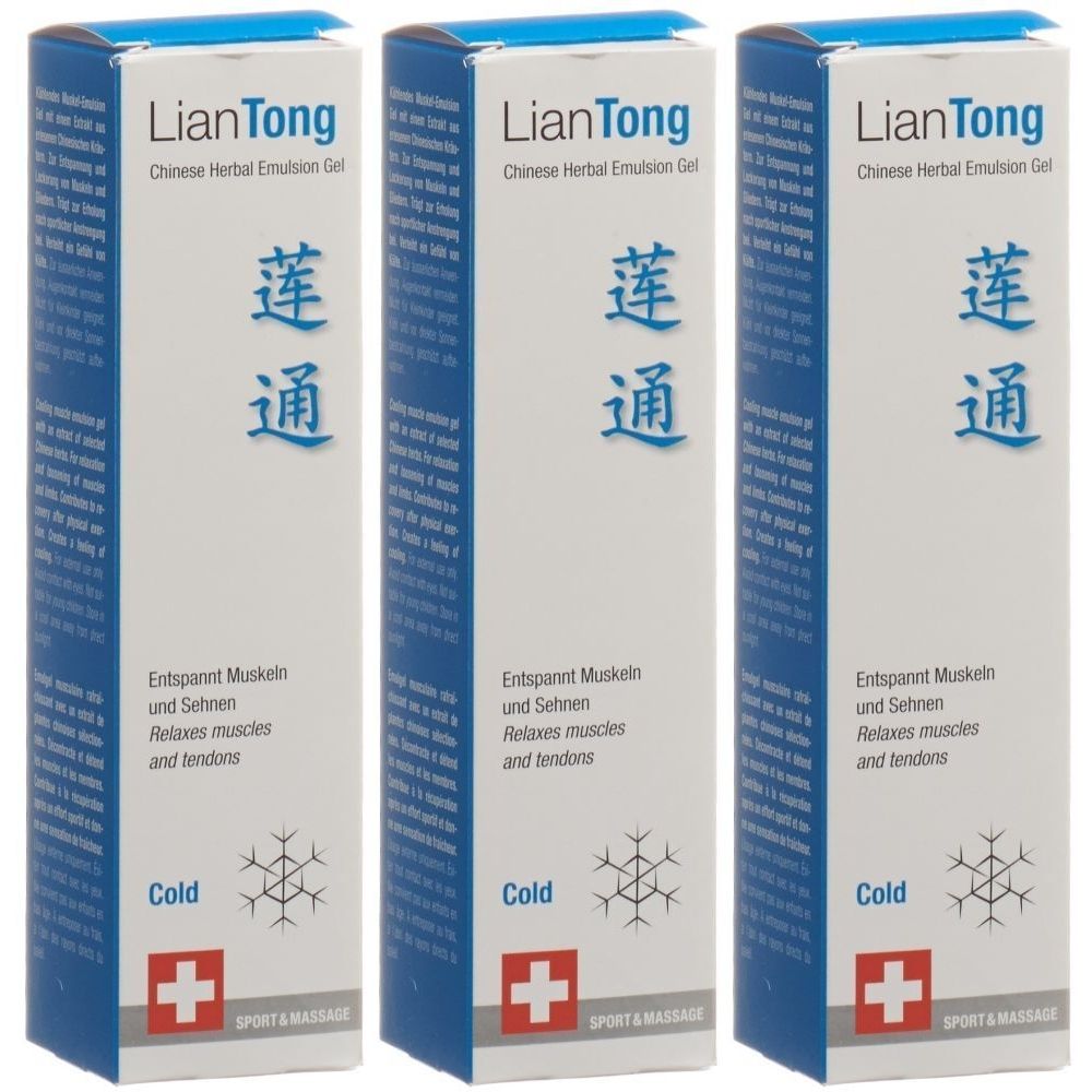 Trois boîtes rectangulaires avec informations produit. Inscription: LianTong Chinese Herbal Emulsion Gel. Texte en chinois et en anglais.