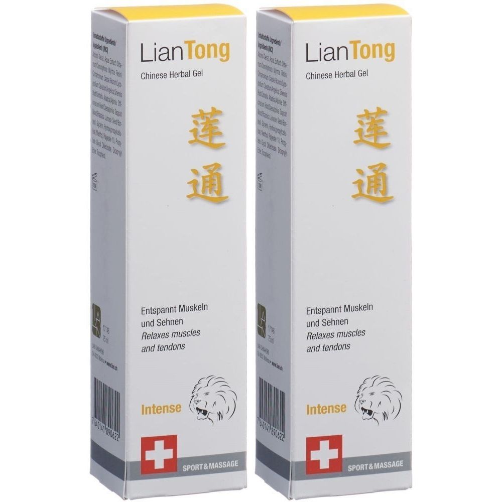 Deux boîtes rectangulaires avec impression du produit. Inscription : Lian Tong, Chinese Herbal Gel, 莲通, Intense, Détente des muscles et tendons, Sport & Massage.