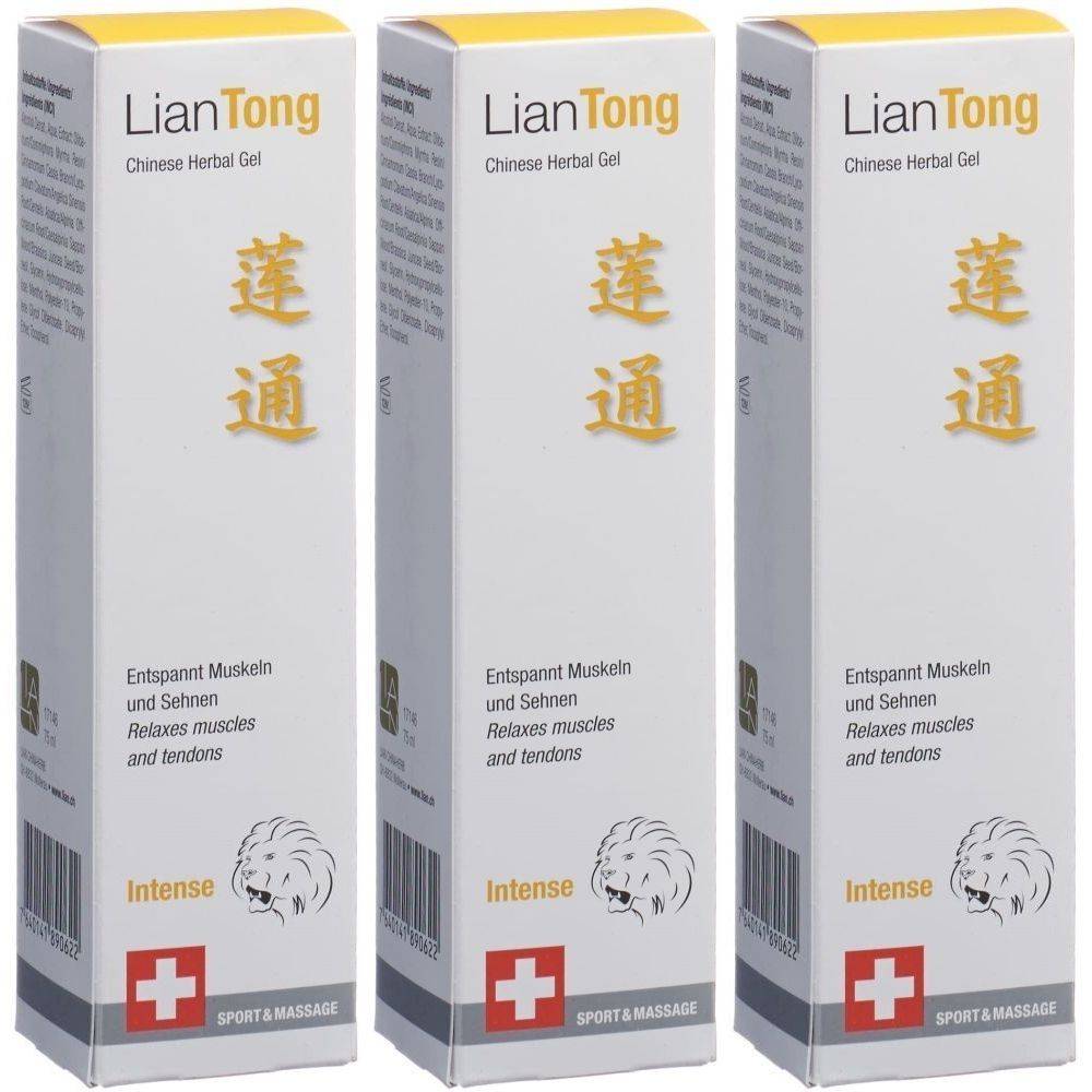Trois boîtes blanches avec impression du produit. Inscription : LianTong, Chinese Herbal Gel. Texte : Détend les muscles et les tendons. Logo : Croix rouge.