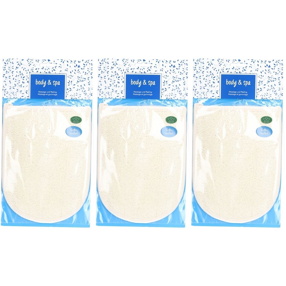 Trois gants en luffa et éponge dans un emballage plastique. Inscription "body & spa". Design bleu en haut avec des points blancs.