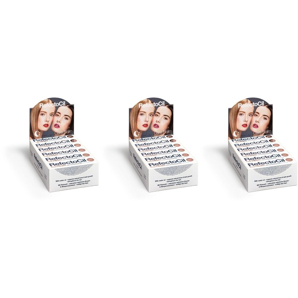 Trois présentoirs RefectoCil. Chaque présentoir contient des boîtes avec le logo RefectoCil. Le présentoir montre deux femmes. Le nom RefectoCil est visible.