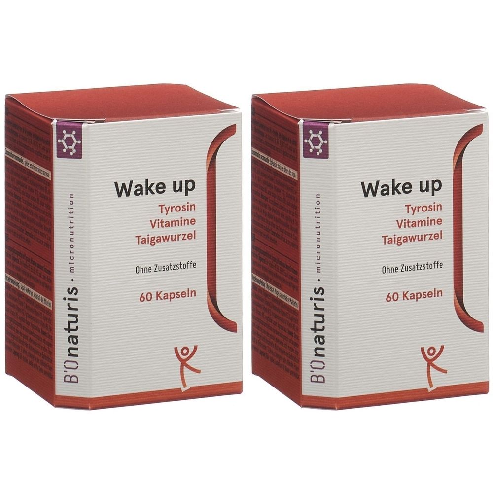 Deux boîtes rectangulaires avec "Wake up". Ingrédients: Tyrosine, Vitamines, Taïga, sans additifs, 60 gélules. Marque: B'onaturis.