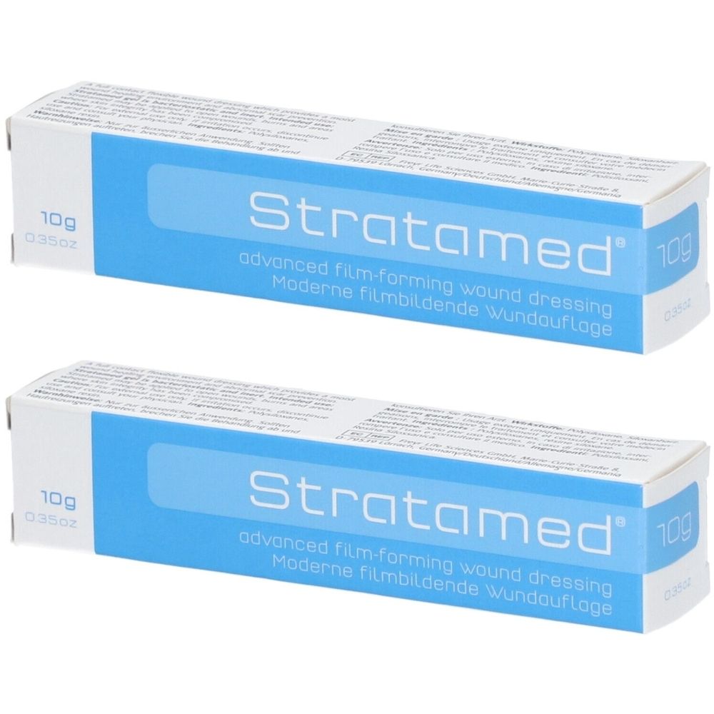 Deux boîtes de STRATAMED®. Emballage bleu et blanc. Inscription : 10g, Stratamed, pansement moderne filmogène.