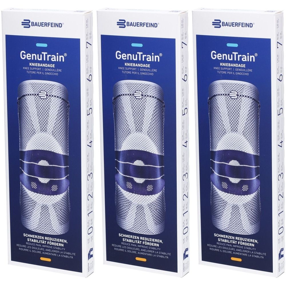 Trois emballages de produits de la marque BAUERFEIND. Chaque emballage présente une genouillère. Le texte GenuTrain est clairement visible.