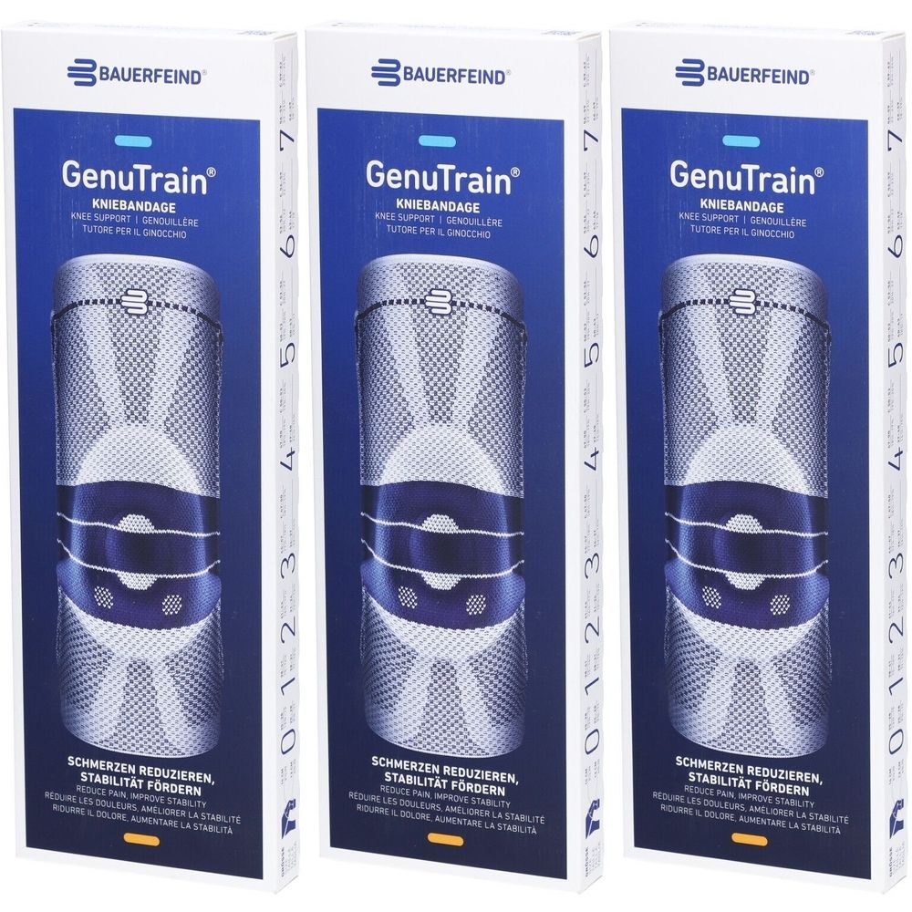 Trois boîtes de genouillères BAUERFEIND GenuTrain. Chaque emballage montre une genouillère dans une forme cylindrique. Des éléments bleus et blancs sont visibles.