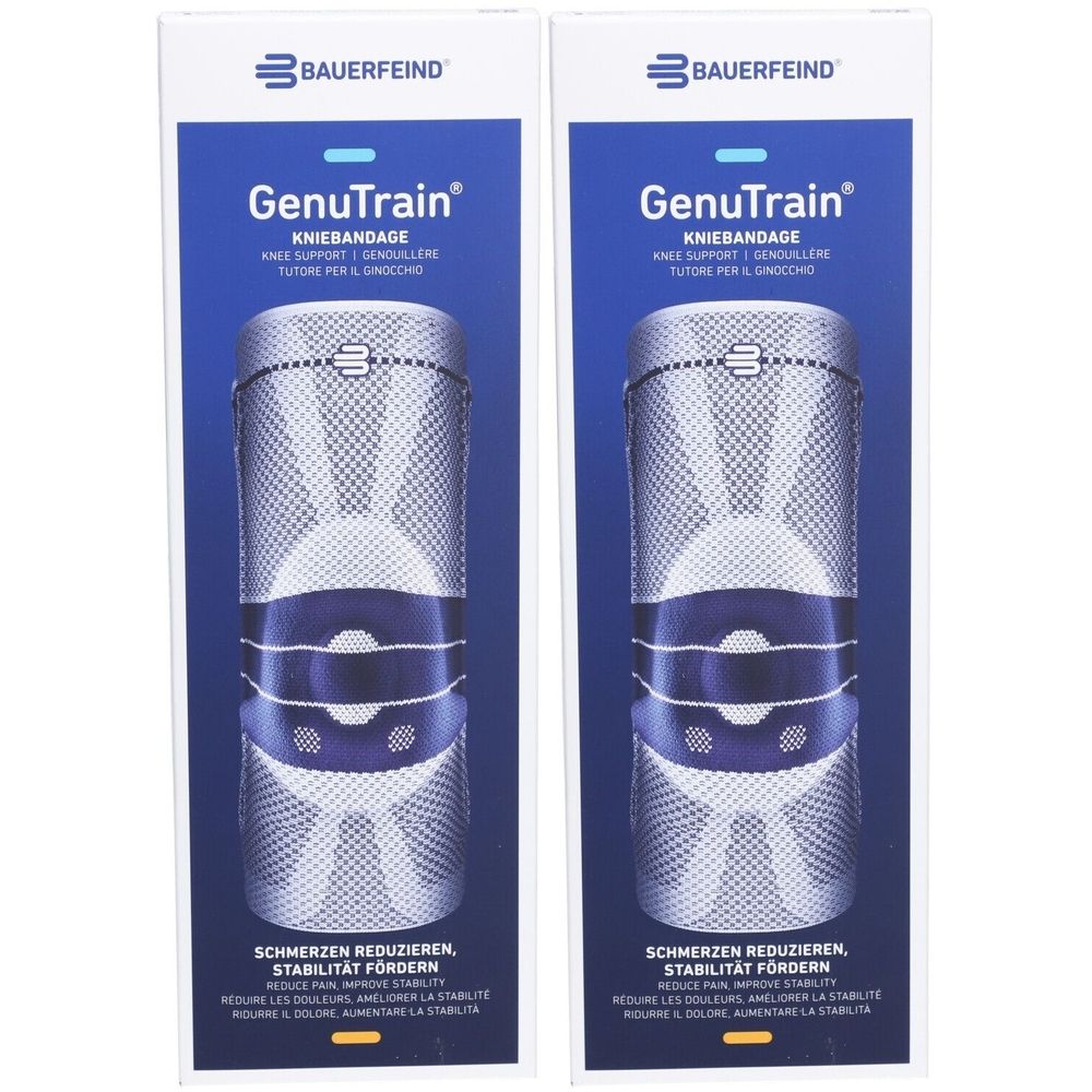 Deux genouillères dans leur emballage. Marque : BAUERFEIND. Nom du produit : GenuTrain. Texte : Réduire la douleur, améliorer la stabilité.
