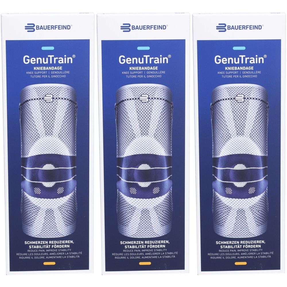 Trois emballages de l'attelle de genou GenuTrain. Le produit est illustré sur chaque emballage. La marque Bauerfeind est visible en haut.