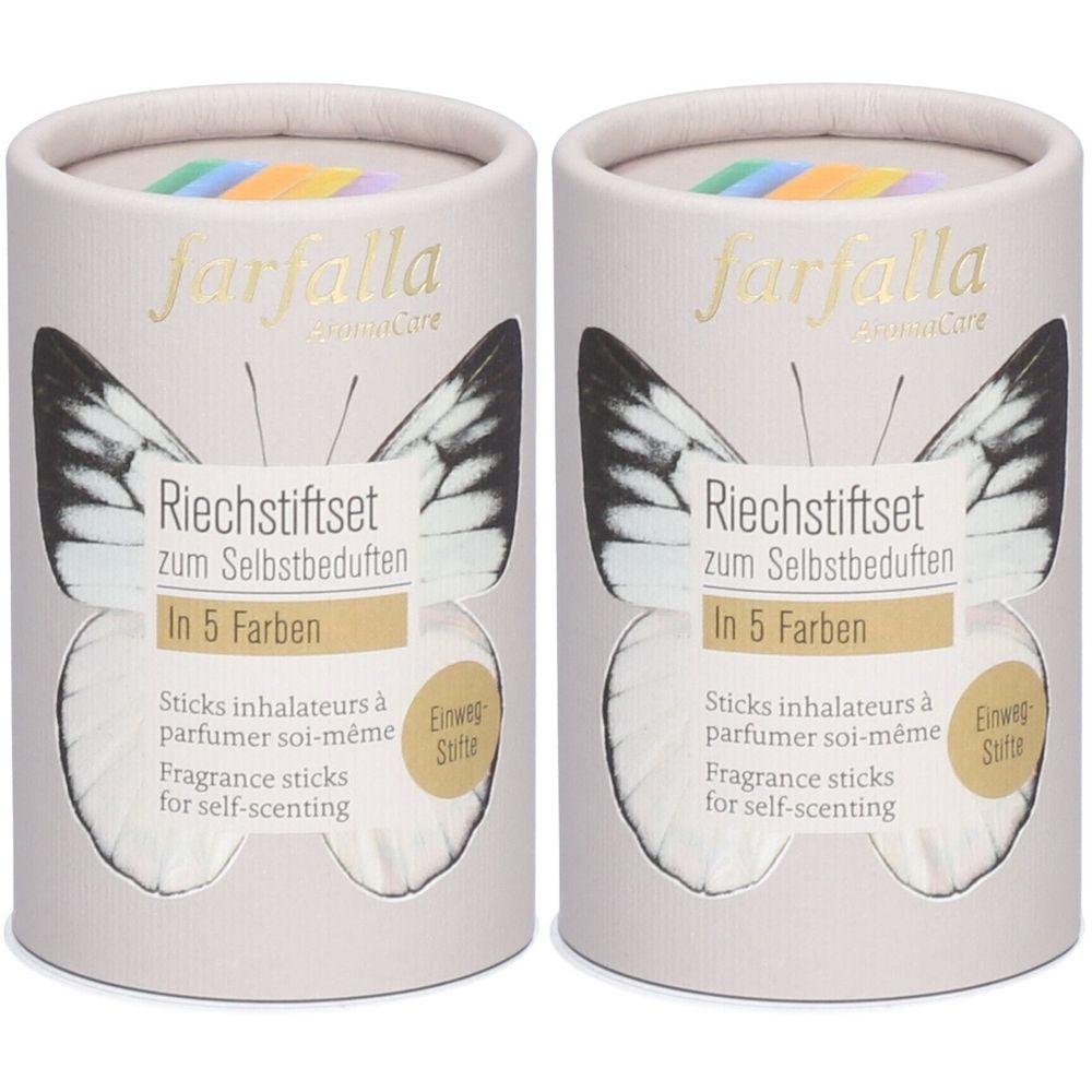 Deux boîtes cylindriques avec le logo "farfalla". Inscription : papillon, "Riechstiftset", "In 5 Farben".
