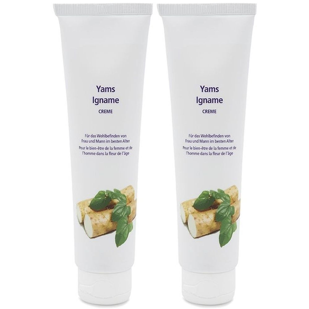 Deux tubes de crème. Inscription : Yams Igname Creme. Illustration de racines d'igname et de feuilles. Texte en allemand et français.