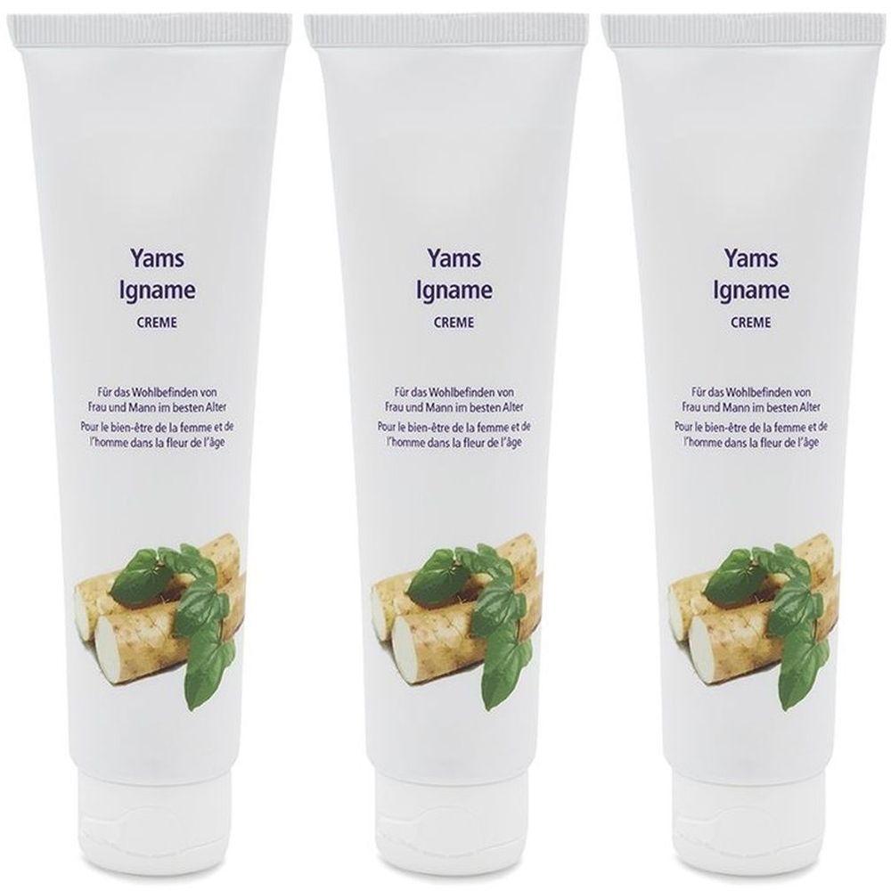Trois tubes blancs avec texte bleu. Inscription: Yams Igname Crème. Illustration de racines d'igname et de feuilles.