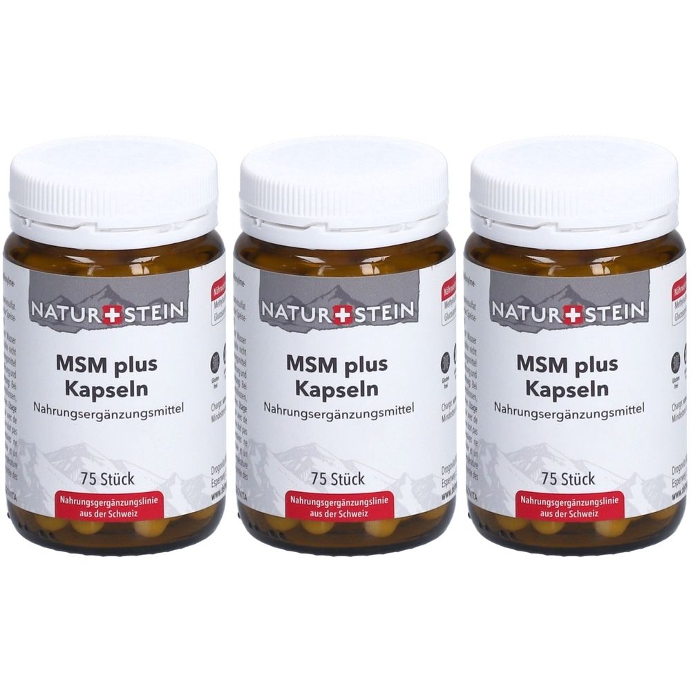 Trois flacons en verre brun avec des couvercles blancs. Les étiquettes indiquent "NATUR+STEIN MSM plus Kapseln Nahrungsergänzungsmittel". Chaque flacon contient 75 pièces.