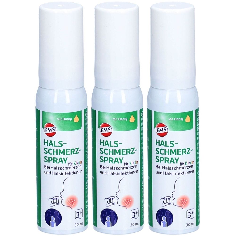 Trois sprays. Flacons blancs avec étiquettes vertes et blanches. Texte: EMS Halsschmerzspray für Kinder. Illustration d'une gorge. 3+ et 30 ml.