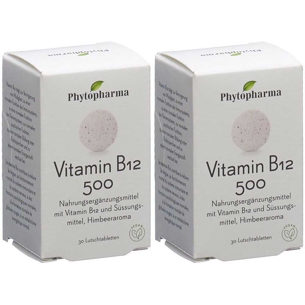 Deux boîtes blanches avec l'inscription "Phytopharma Vitamin B12 500". Chaque boîte présente un objet rond et rose.