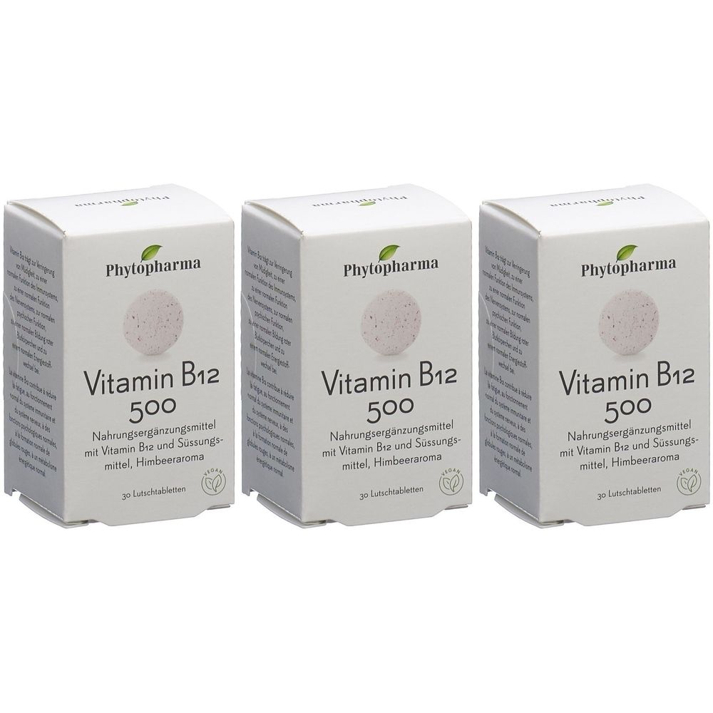 Trois boîtes de PHYTOPHARMA Vitamine B12 500. Emballage blanc avec nom du produit, logo et informations.