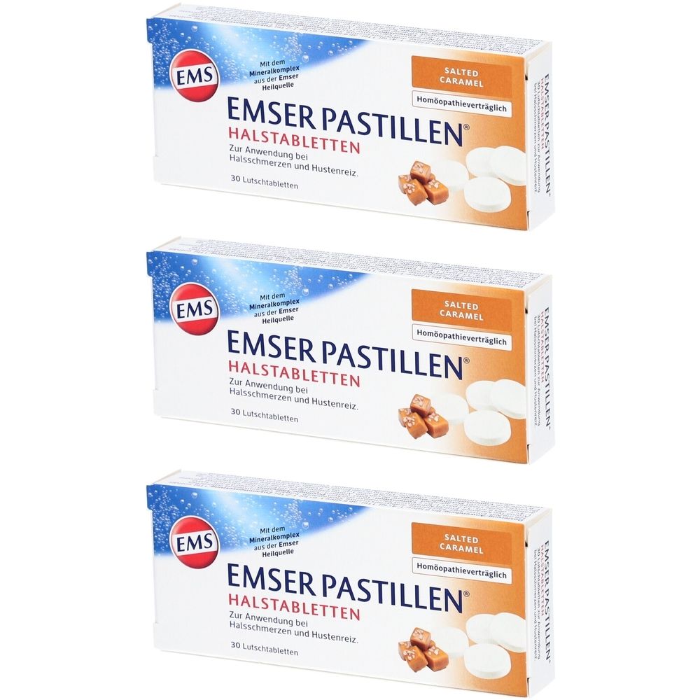 Trois boîtes de pastilles EMSER, caramel salé. Pastilles blanches et morceaux de caramel. Texte : HALSTABLETTEN, SALTED CARAMEL.