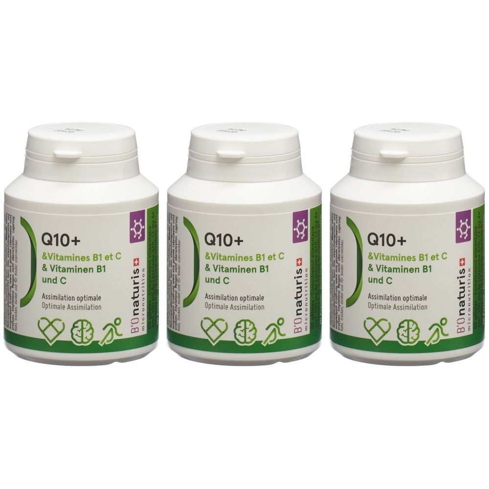 Trois flacons blancs avec étiquette verte. Inscription : Q10+, Vitamines B1 et C. Marque : Bionaturis.