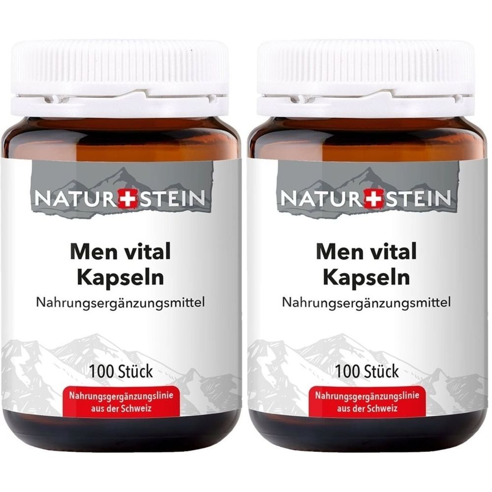 Deux flacons bruns avec des bouchons blancs. Les étiquettes indiquent "NATUR+STEIN Men vital Kapseln". En dessous, "Nahrungsergänzungsmittel" et "100 Stück".