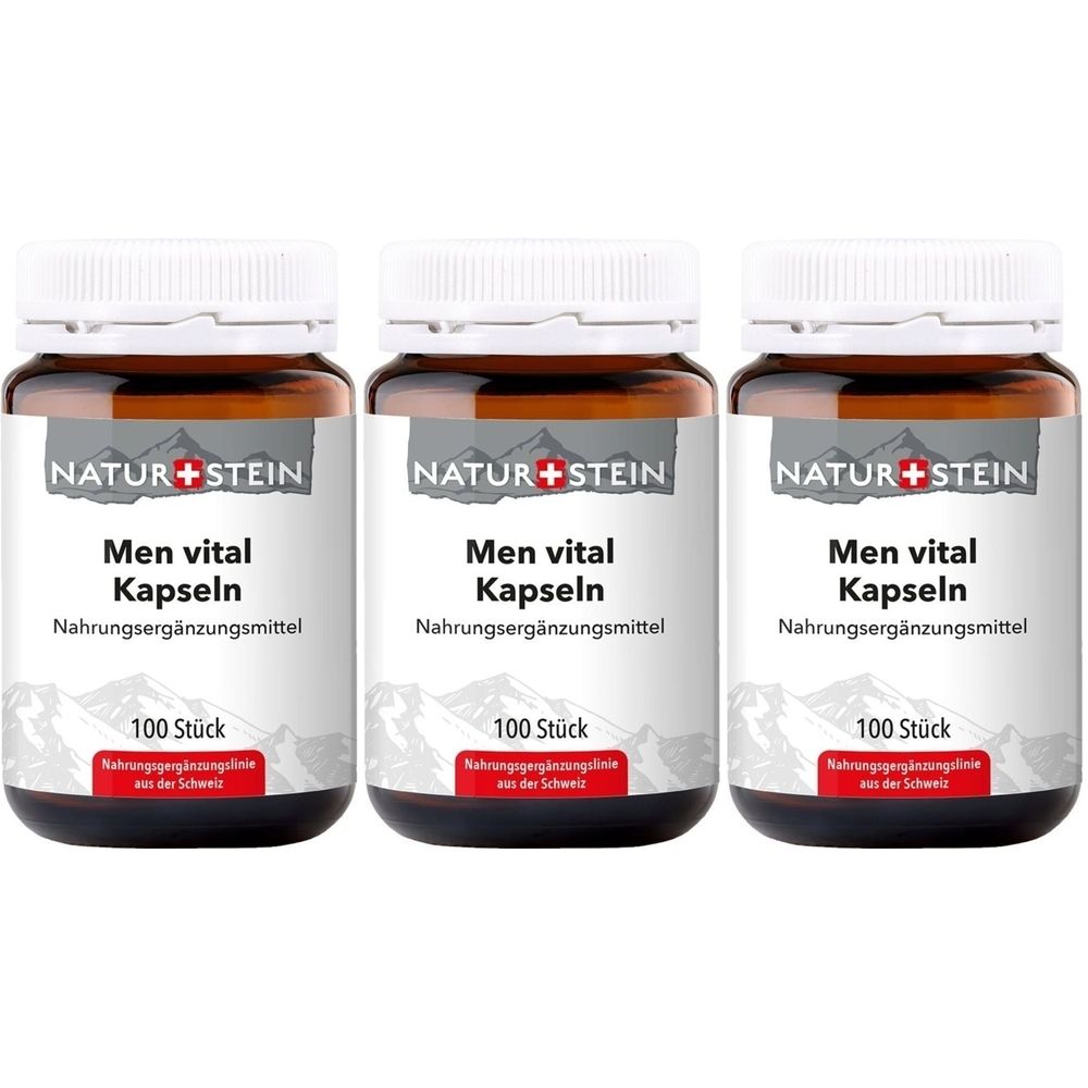 Trois flacons bruns avec des couvercles blancs. Les étiquettes indiquent "NATUR+STEIN Men vital Kapseln Nahrungsergänzungsmittel".