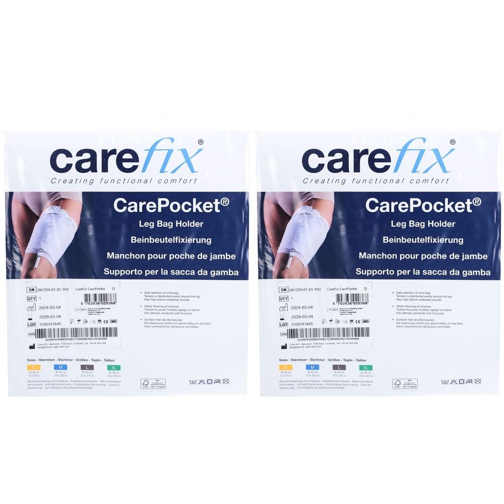Deux fixations de poche de jambe CAREFIX CarePocket dans leur emballage. Inscriptions : CarePocket, Leg Bag Holder, Beinbeutelfixierung, Manchon pour poche de jambe, Supporto per la sacca da gamba.