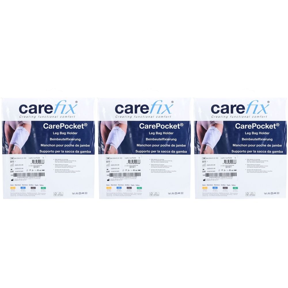 Trois emballages Carefix CarePocket. Chaque emballage montre une jambe avec fixation. Texte: Leg Bag Holder, Manchon pour poche de jambe, Supporto per la sacca da gamba.