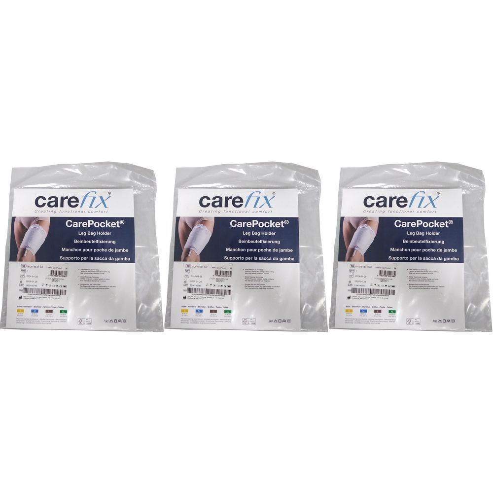 Trois sachets transparents avec le logo "carefix" et l'inscription "CarePocket Leg Bag Holder".