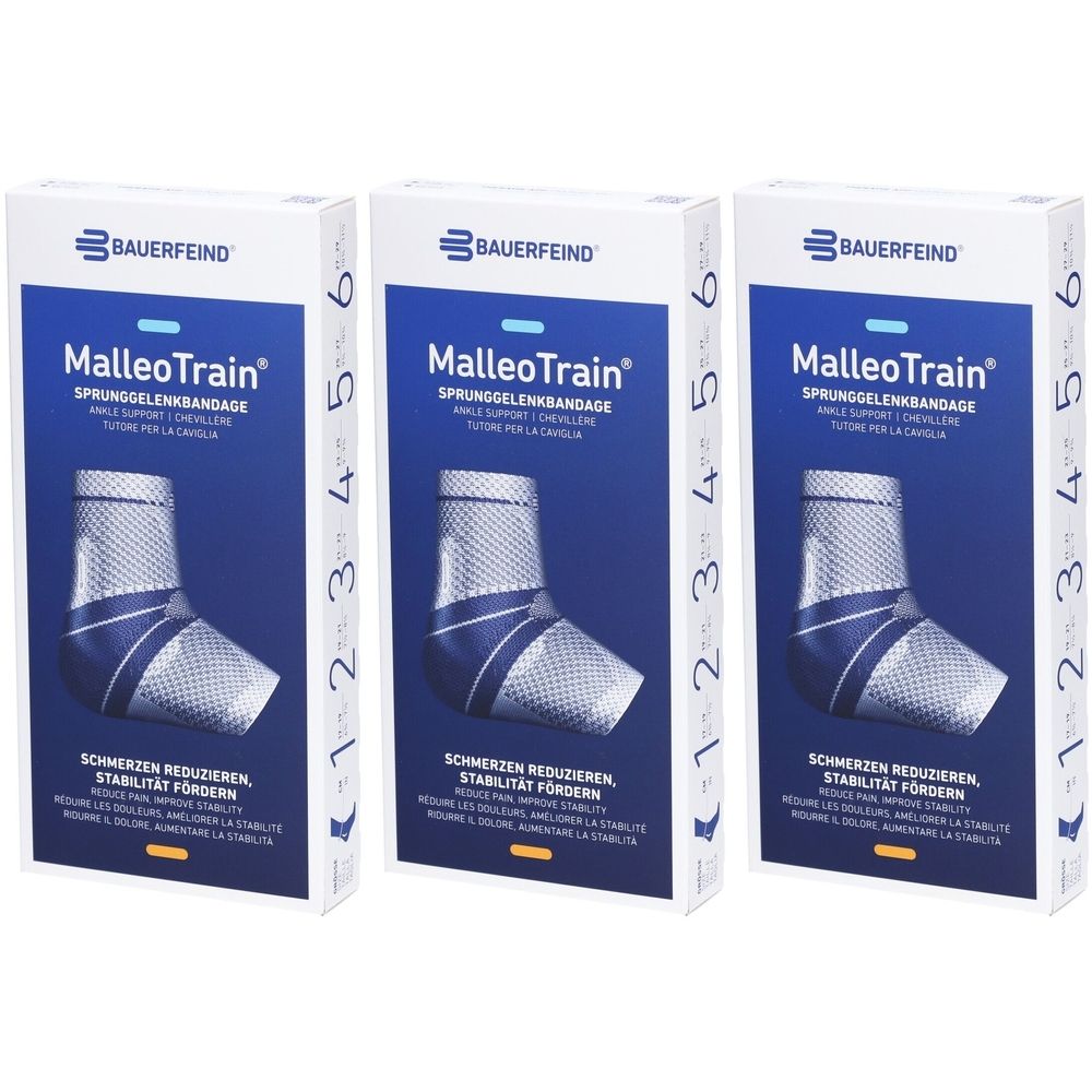 Trois boîtes de produit BAUERFEIND. Chaque boîte montre une chevillère. Texte : MalleoTrain, chevillère. Numéros de taille.