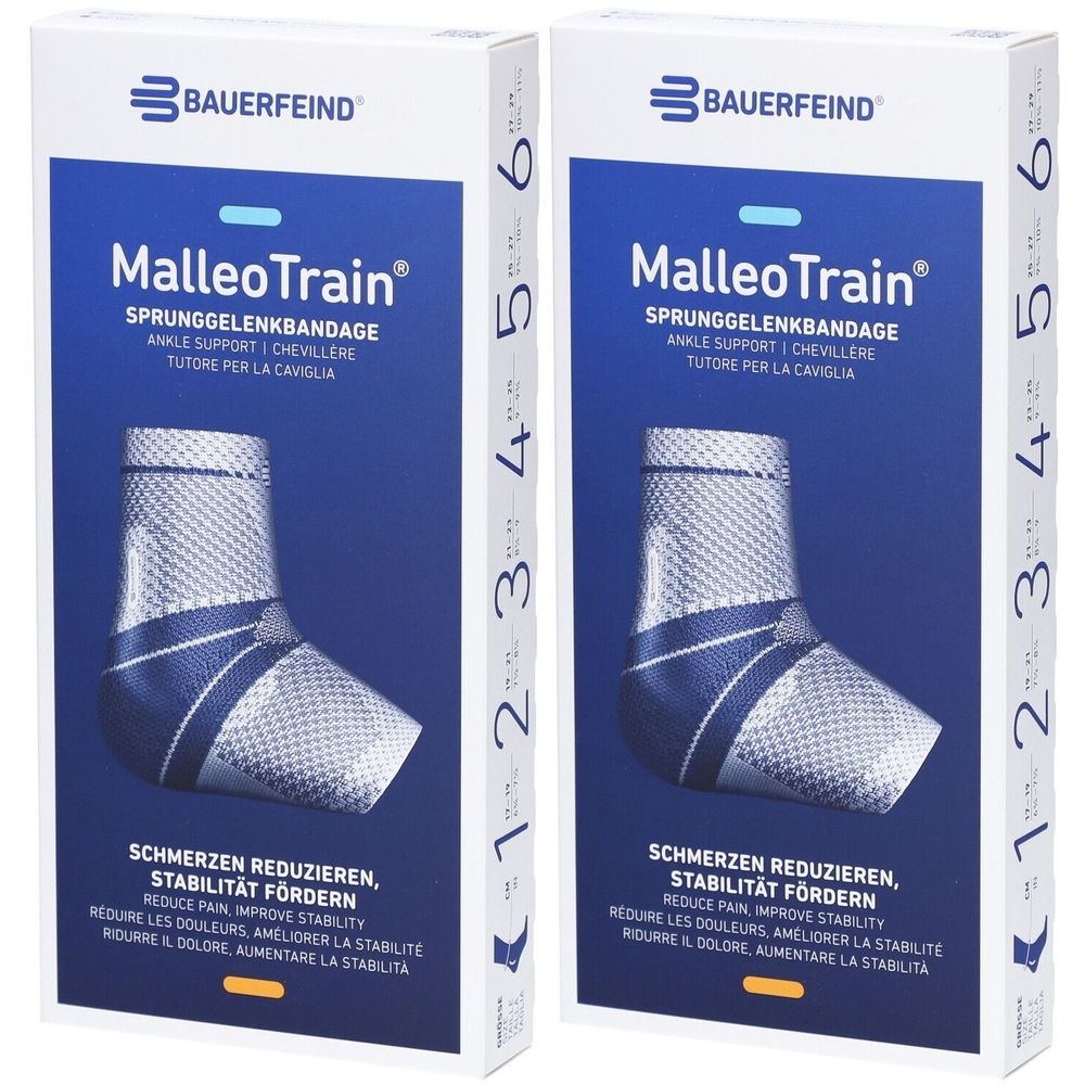 Deux boîtes de bandage de cheville MalleoTrain de Bauerfeind. Inscription du produit et indication des tailles sur le côté.