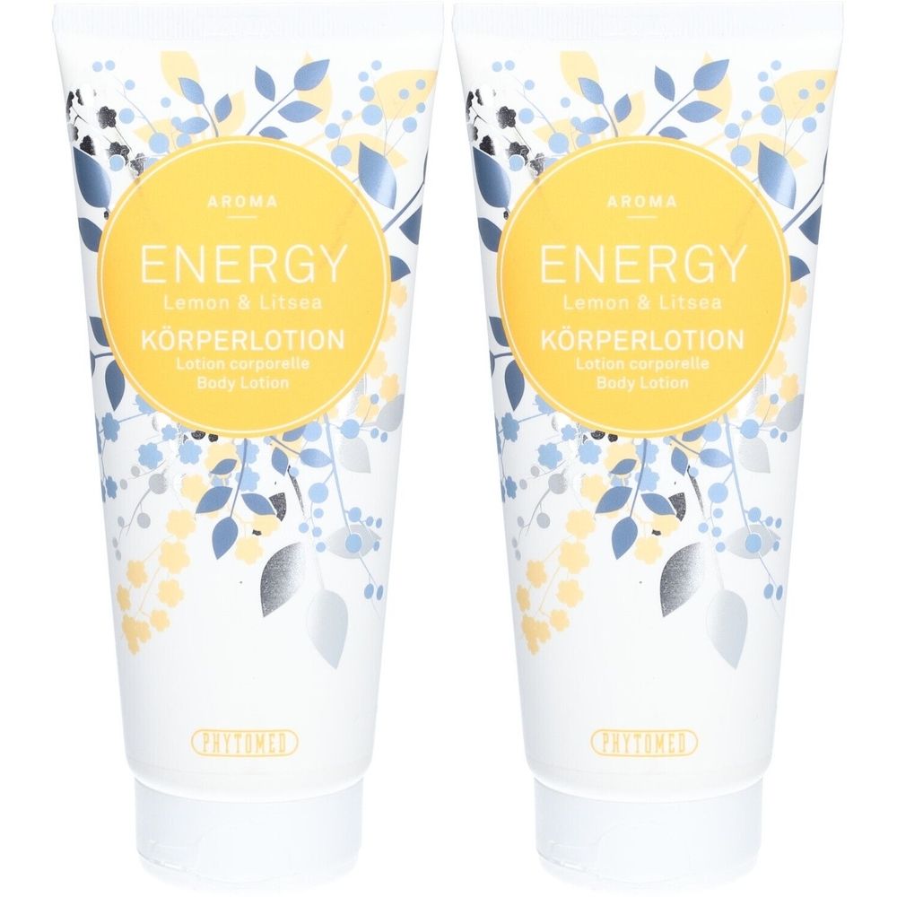 Deux tubes de lotion pour le corps. Inscription : ENERGY, Lemon & Litsea, Körperlotion. Motifs floraux. Blanc, jaune, bleu.