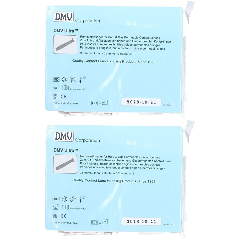 Deux emballages bleus avec informations produit. Inscription DMV Ultra, marquage CE et date de péremption 2018-10-14.