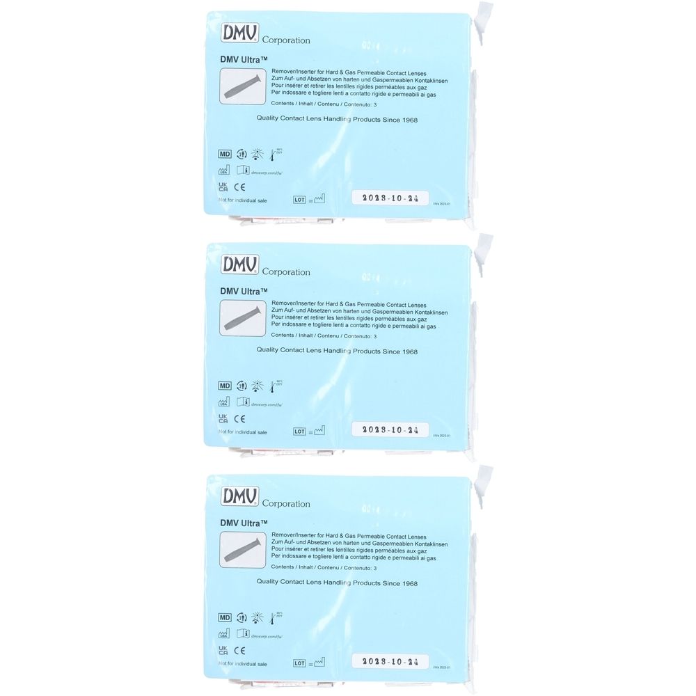 Trois paquets de DMV Ultra, applicateur pour lentilles de contact. Emballage bleu avec informations produit et date de péremption. Marque CE.