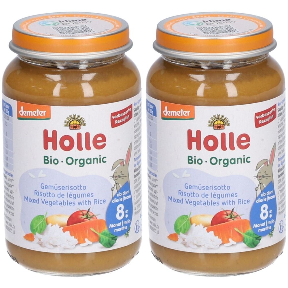 Deux pots de risotto de légumes pour bébés Holle. Inscription : Bio-Organic, Risotto de légumes, dès 8 mois. Label Demeter.