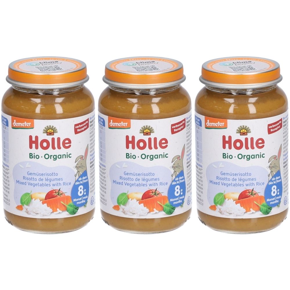 Trois pots de Gemüserisotto bio Holle. Étiquettes avec nom, logo et ingrédients. Couvercles oranges, pots remplis.